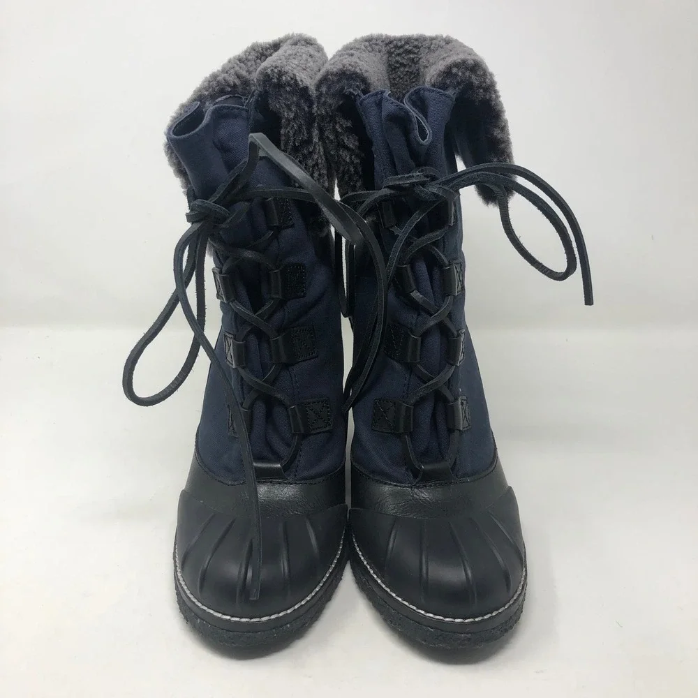 Tory Burch Fairfax 105MM Bootie Womens 11 Navy Black Wedge Faux Fur Luxury Ski